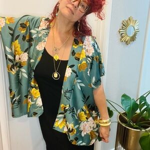 Boho Yellow and light teal blue floral kimono jacket One Size Fits All
